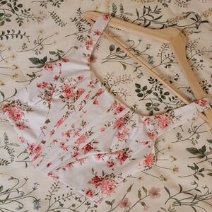 Floral White and Pink Corset-Style Crop Top